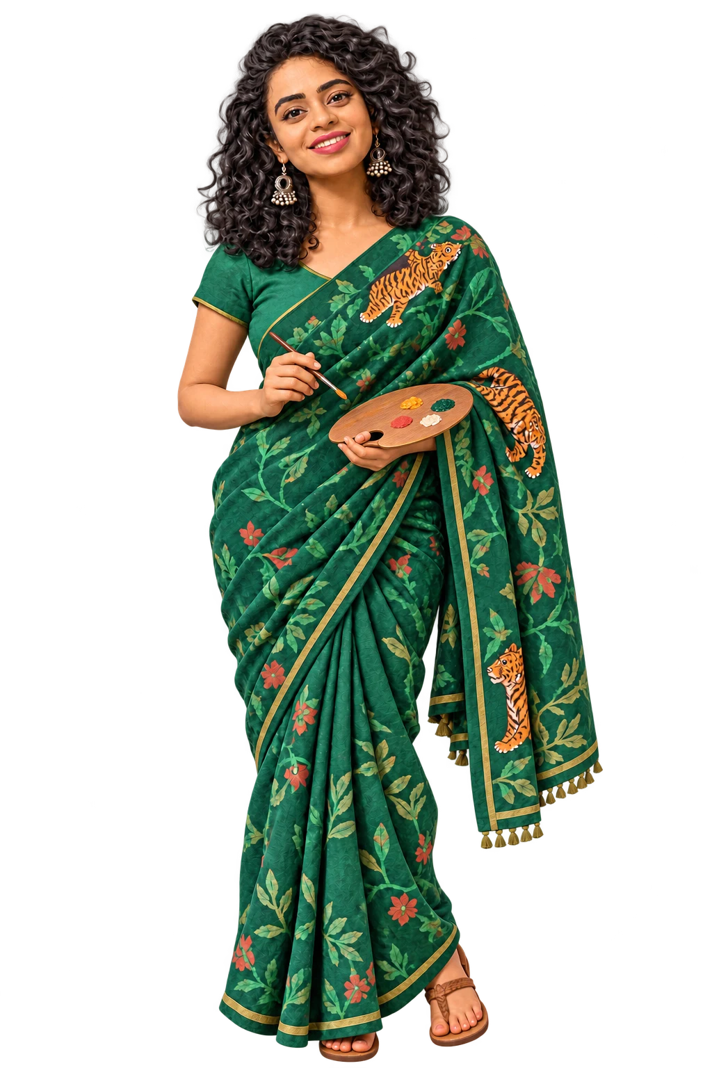 An illustrated Priya in her emerald sari holding a paintbrush and palette